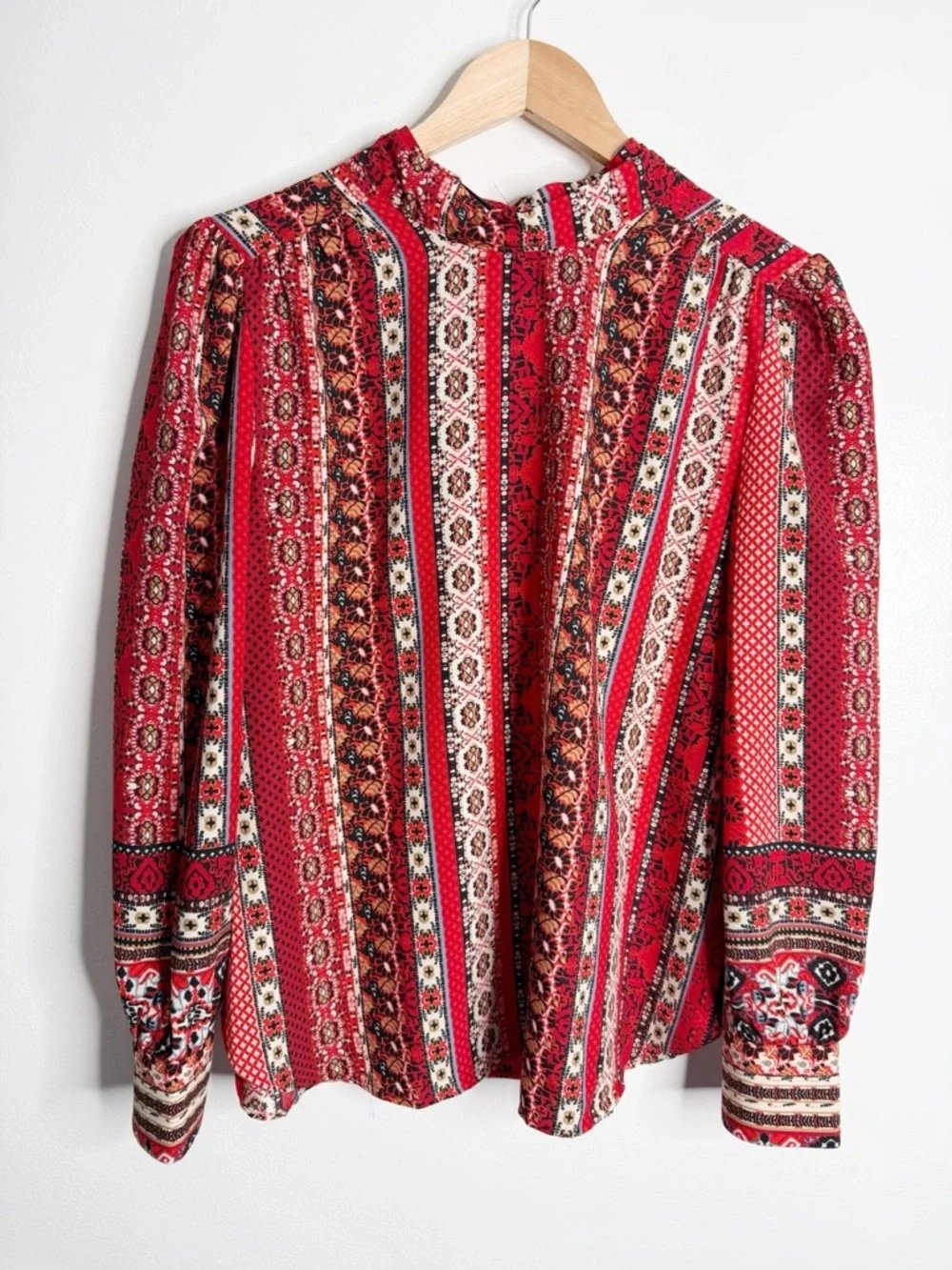 LOFT Red Multi-Pattern Long Sleeve Mock Neck Blouse